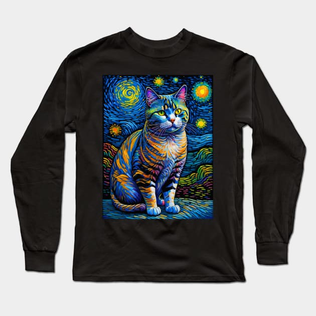 The American Shorthair Cat in starry night Long Sleeve T-Shirt by FUN GOGH